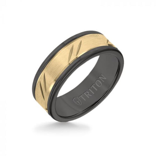 Triton 8MM Black Tungsten Carbide Ring - Bevel Diagonal Cut 14K Yellow Gold Insert with Round Edge