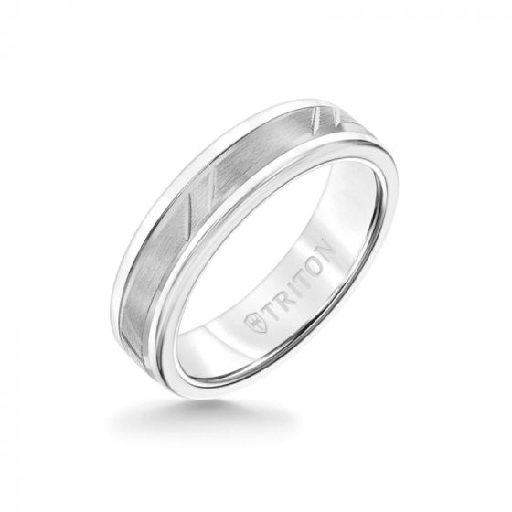 Triton 6MM White Tungsten Carbide Ring - Bevel Diagonal Cut 14K White Gold Insert with Round Edge