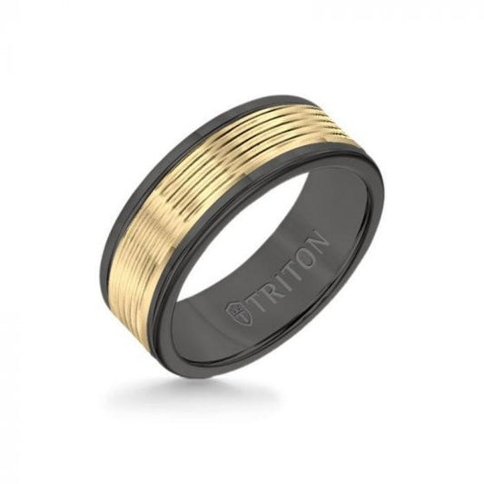 Triton 8MM Black Tungsten Carbide Ring - Serrated Engraved 14K Yellow Insert with Round Edge