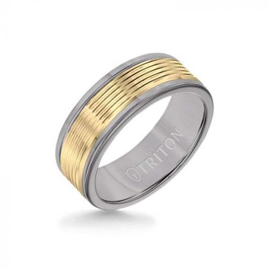 Triton 8MM Grey Tungsten Carbide Ring - Serrated Engraved 14K Yellow Insert with Round Edge
