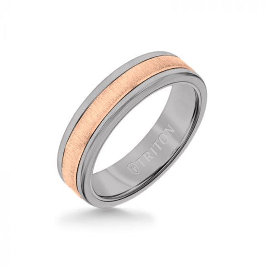 Triton 6MM Grey Tungsten Carbide Ring - Vertical Satin 14K Rose Gold Insert with Round Edge