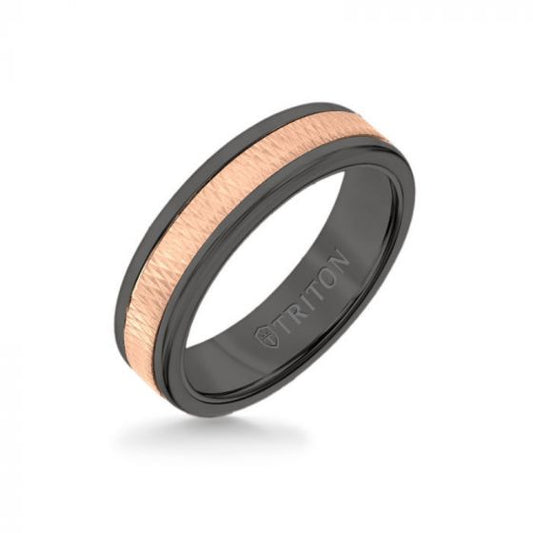 Triton 6MM Black Tungsten Carbide Ring - Criss Cross 14K Rose Gold Insert with Round Edge