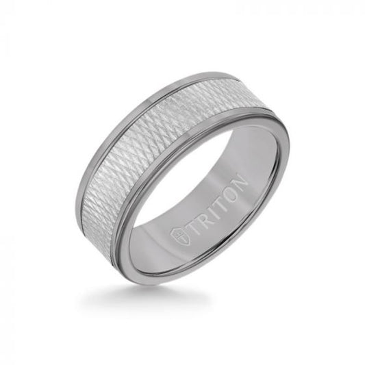 Triton 8MM Grey Tungsten Carbide Ring - Criss Cross 14K White Gold Insert with Round Edge