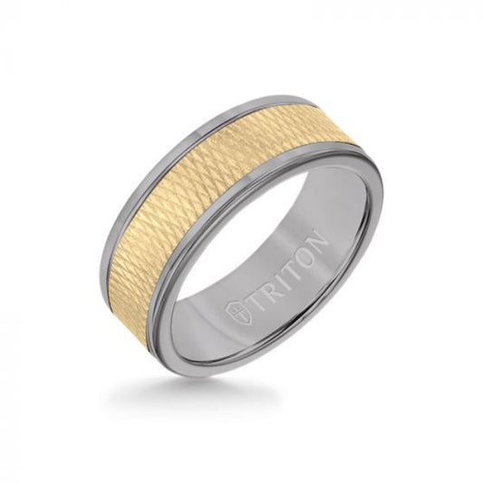 Triton 8MM Grey Tungsten Carbide Ring - Criss Cross 14K Yellow Gold Insert with Round Edge