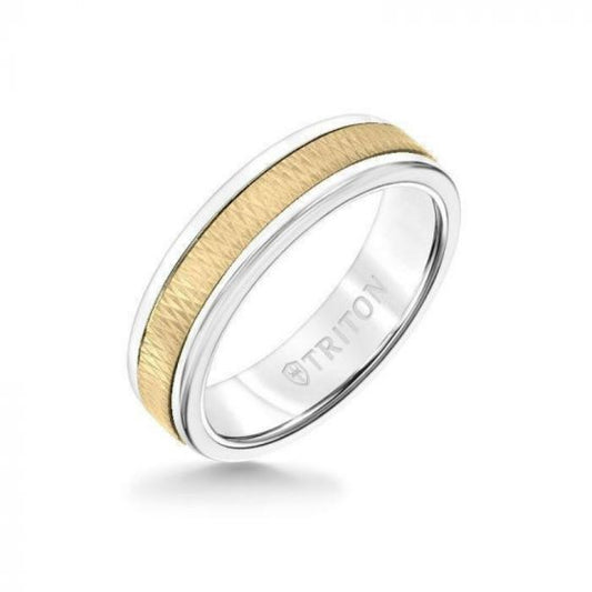 Triton 6MM White Tungsten Carbide Ring - Criss Cross 14K Yellow Gold Insert with Round Edge