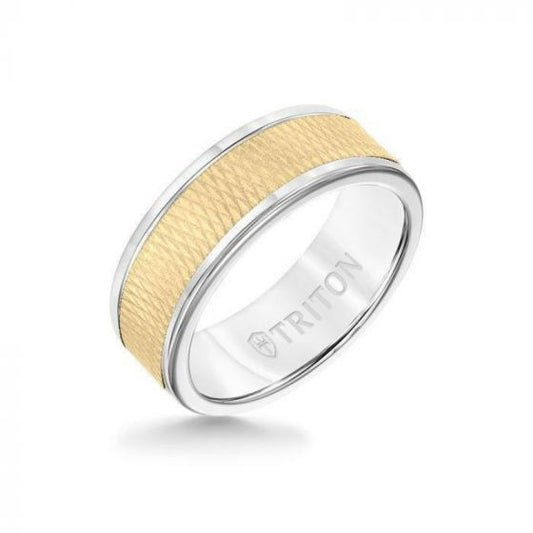 Triton 8MM White Tungsten Carbide Ring - Criss Cross 14K Yellow Gold Insert with Round Edge
