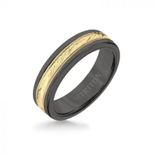 Triton 6MM Black Tungsten Carbide Ring - Herringbone 14K Yellow Gold Insert with Round Edge