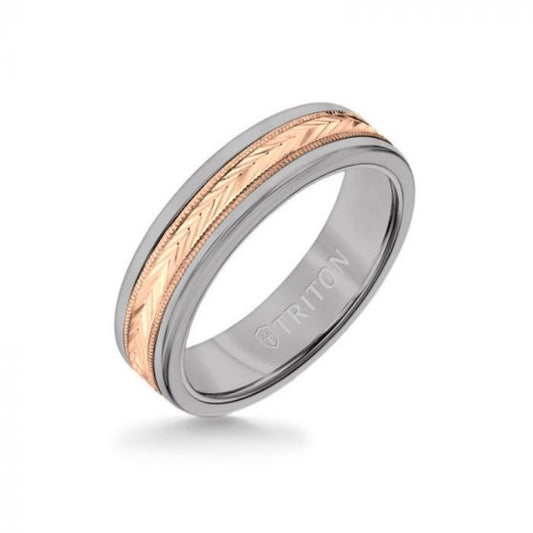 Triton 6MM Grey Tungsten Carbide Ring - Herringbone 14K Rose Gold Insert with Round Edge