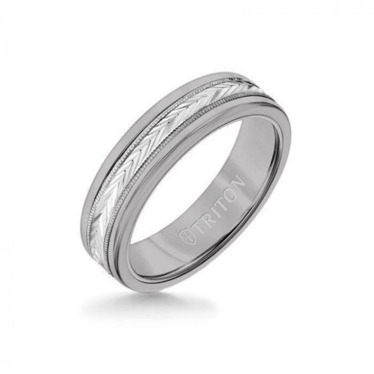 Triton 6MM Grey Tungsten Carbide Ring - Herringbone 14K White Gold Insert with Round Edge