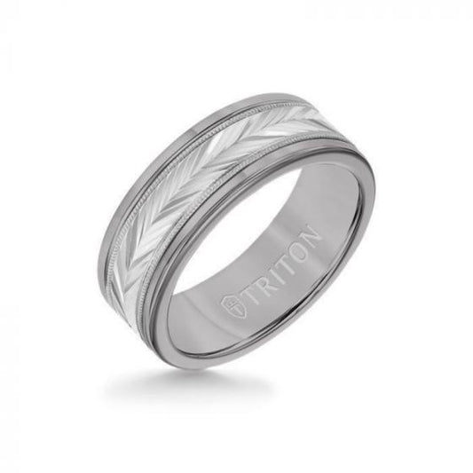 Triton 8MM Grey Tungsten Carbide Ring - Herringbone 14K White Gold Insert with Round Edge