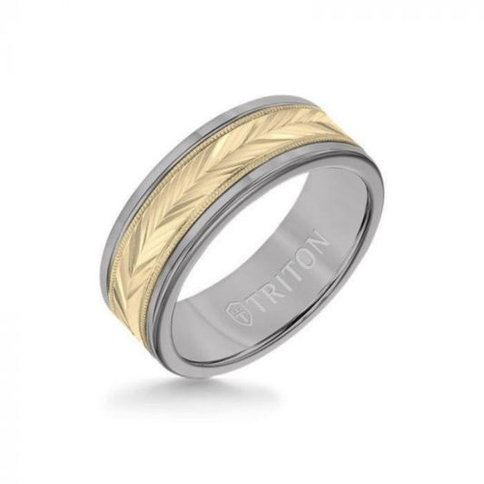 Triton 8MM Grey Tungsten Carbide Ring - Herringbone 14K Yellow Gold Insert with Round Edge