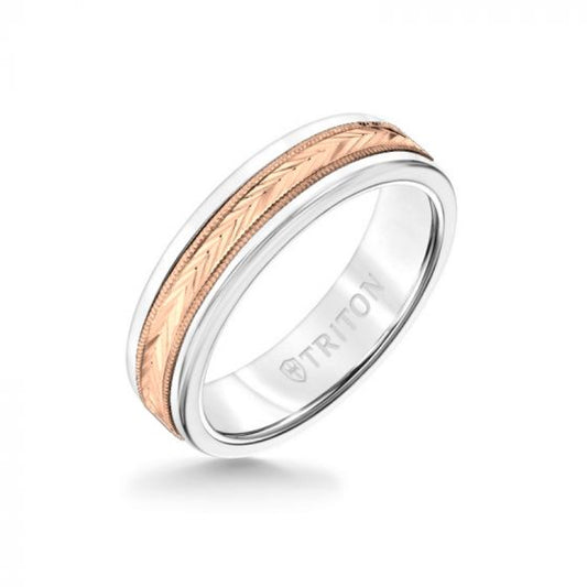 Triton 6MM White Tungsten Carbide Ring - Herringbone 14K Rose Gold Insert with Round Edge