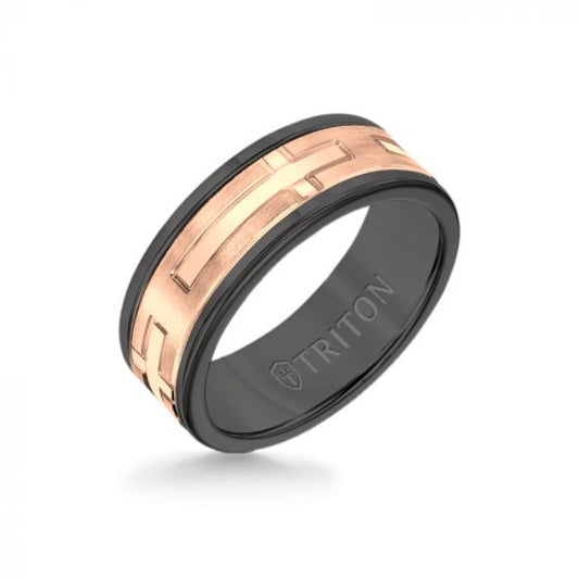 Triton 8MM Black Tungsten Carbide Ring - Religious 14K Rose Gold Insert with Round Edge