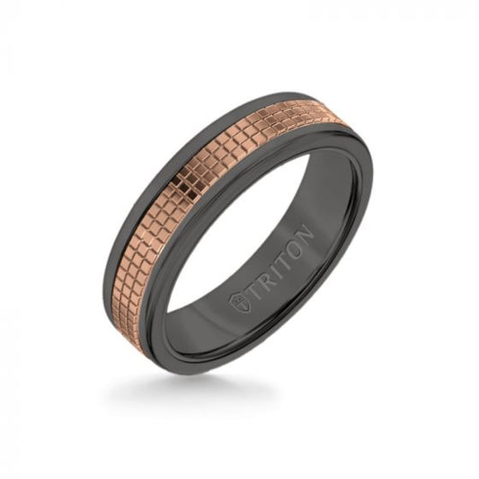 Triton 6MM Black Tungsten Carbide Ring - Cubed 14K Rose Gold Insert with Round Edge