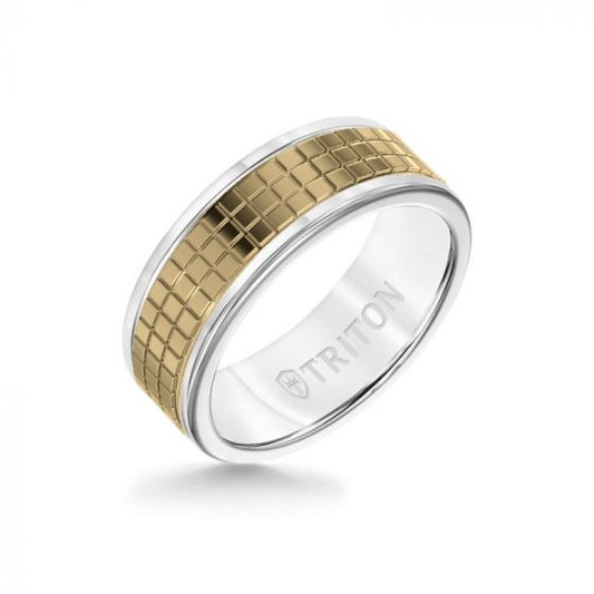 Triton 8MM White Tungsten Carbide Ring - Cubed 14K Yellow Gold Insert with Round Edge