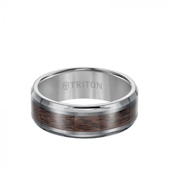 Triton 8MM Tungsten Carbide Ring - Wood Center and Bevel Edge