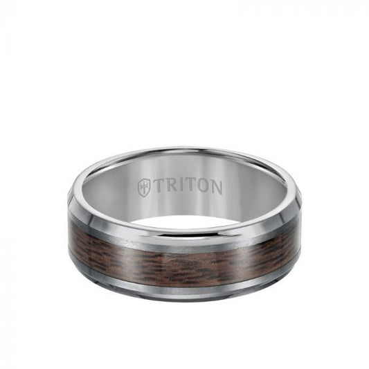 Triton 8MM Tungsten Carbide Ring - Wood Center and Bevel Edge