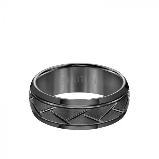 Triton 8MM Tungsten Carbide Ring - Domed Alternating Diagonal Cuts and Bevel Edge