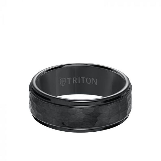 Triton 8MM Tungsten Carbide Ring - Hammered Center and Step Edge