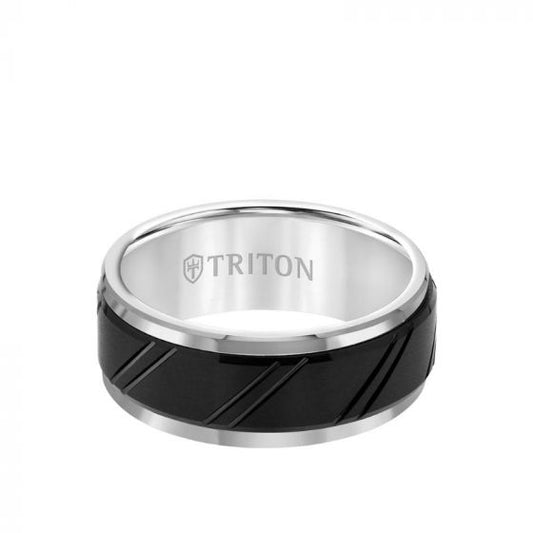 Triton 9MM Tungsten Carbide Ring - Diagonal Cut Center and Bevel Edge
