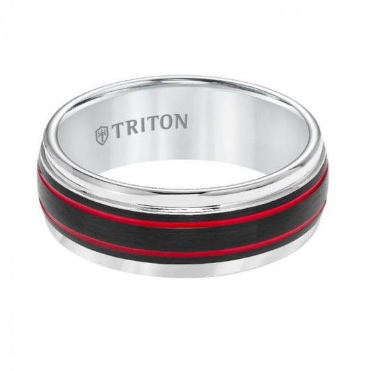 Triton Bevel Edge Ribbed Red Center Stripe Wedding Band