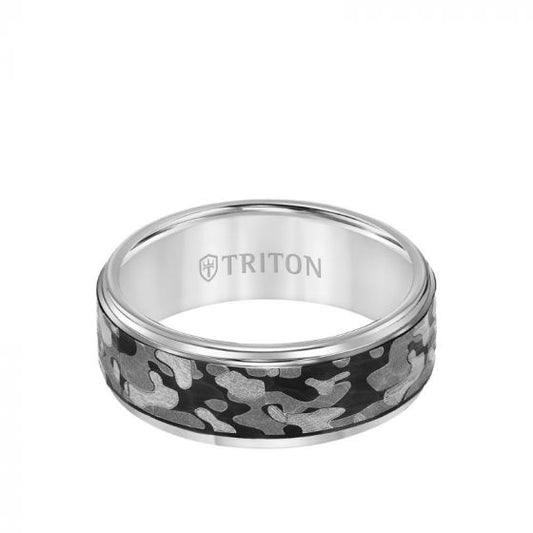 Triton 8MM Tungsten Carbide Ring - Camo Pattern and Flat Edge