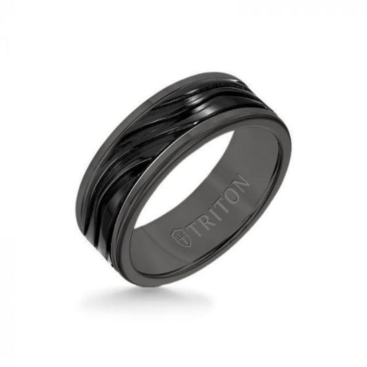 Triton 8MM Black Tungsten Carbide Ring - Wave Black Titanium Insert with Round Edge