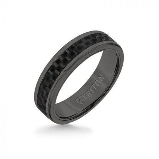 Triton 6MM Black Tungsten Carbide Ring - Twill Carbon Fiber Insert with Round Edge