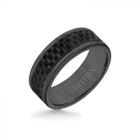 Triton 8MM Black Tungsten Carbide Ring - Twill Carbon Fiber Insert with Round Edge