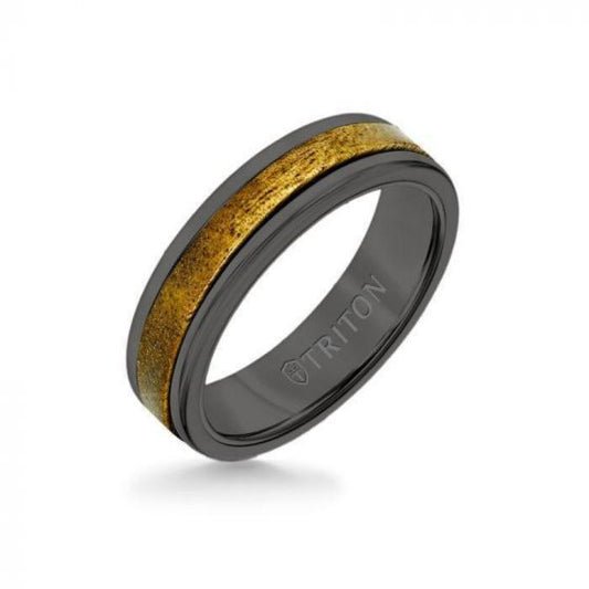 Triton 6MM Black Tungsten Carbide Ring - Wood Insert with Round Edge