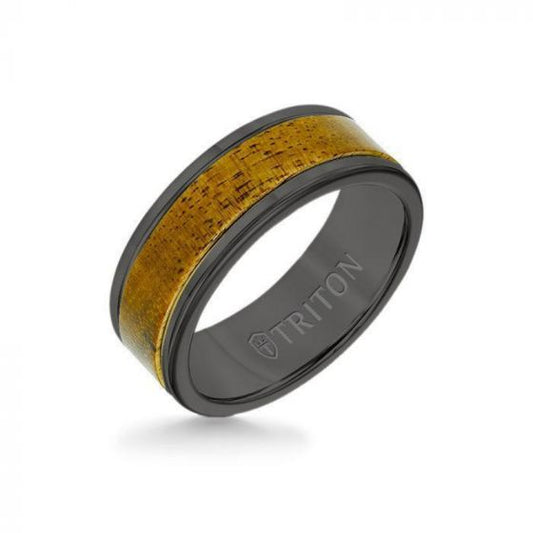 Triton 8MM Black Tungsten Carbide Ring - Wood Insert with Round Edge
