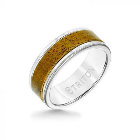 Triton 8MM White Tungsten Carbide Ring - Wood Insert with Round Edge