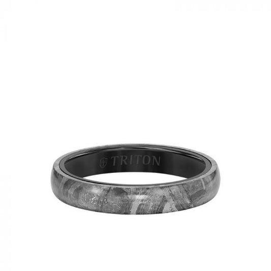 Triton 4MM Black Tungsten Carbide Ring - Meteorite Low Dome with Flat Edge