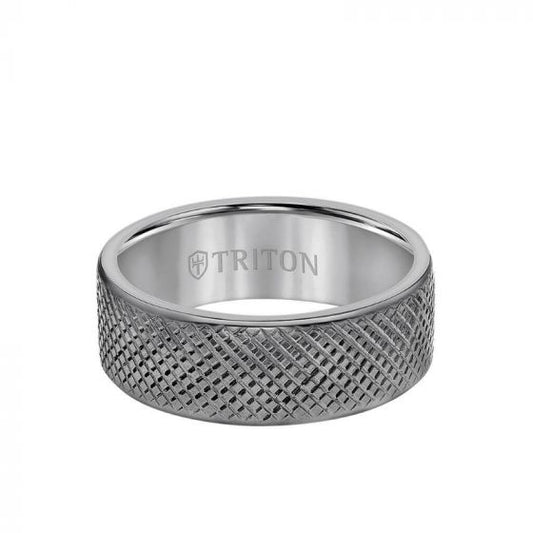 Triton 8MM Tantalum Ring - Cross Hatch Center and Flat Edge