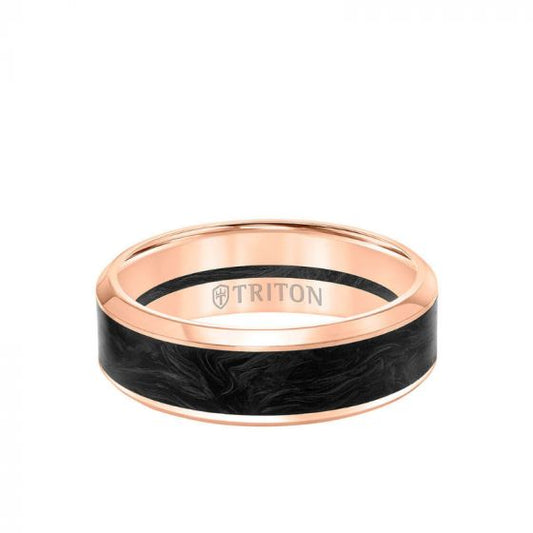 Triton 7MM 14K Gold Ring + Forged Carbon - Channel Center & Bevel Edge
