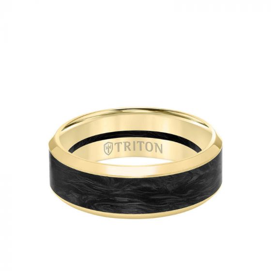 Triton 8MM 14K Gold Ring + Forged Carbon - Channel Center & Bevel Edge