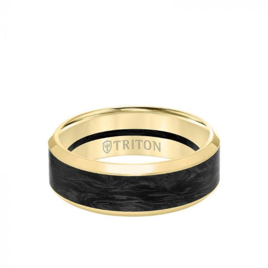 Triton 8MM 14K Gold Ring + Forged Carbon - Channel Center & Bevel Edge