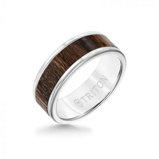 Triton 8MM White Tungsten Carbide Ring - Walnut Flat Insert with Round Edge