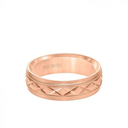 ArtCarved 6.5MM Men's Wedding Band - Brush Milgrain Finish with Swiss Cut X Design and Flat Edge in 14k Rose Gold