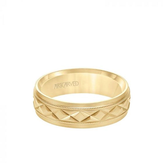 ArtCarved 6.5MM Men's Wedding Band - Brush Milgrain Finish with Swiss Cut X Design and Flat Edge in 14k Yellow Gold