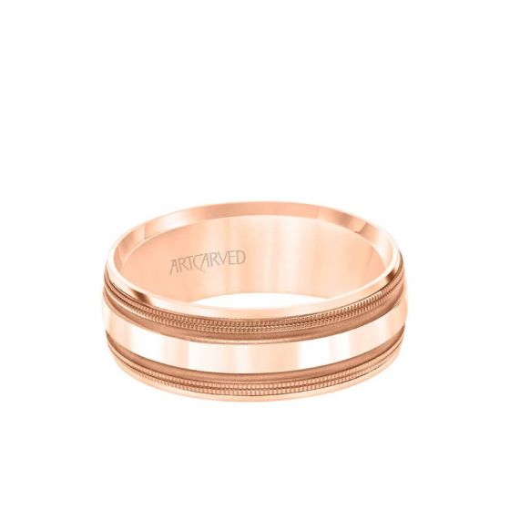 ArtCarved 7.5MM Men's Wedding Band - Brush Matte Finish with Black Rhodium and Bevel Edge in 14k Rose Gold