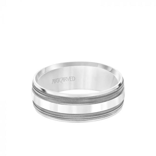 ArtCarved 7.5MM Men's Wedding Band - Brush Matte Finish with Black Rhodium and Bevel Edge in 14k White Gold