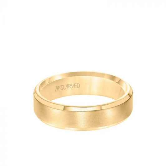 ArtCarved 6MM Men's Classic Wedding Band - Brush Finish and Bevel Edge in 14k Yellow Gold