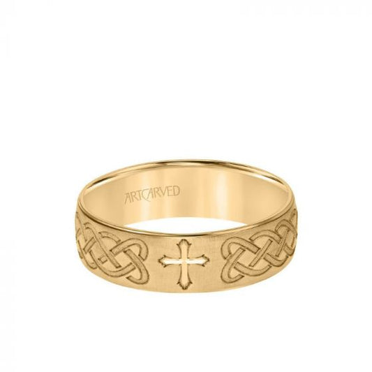 ArtCarved 6.5MM Men's Wedding Band - Brush Finish with Cross and Infinity Design Center in 14k Yellow Gold