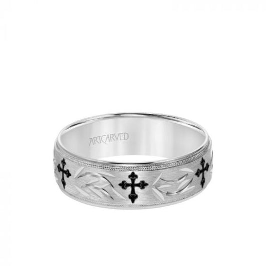 ArtCarved 7MM Men's Wedding Band - Brush Finish with Black Antiqued Cross and Wheat Design Center and Round Edge in 14k White Gold