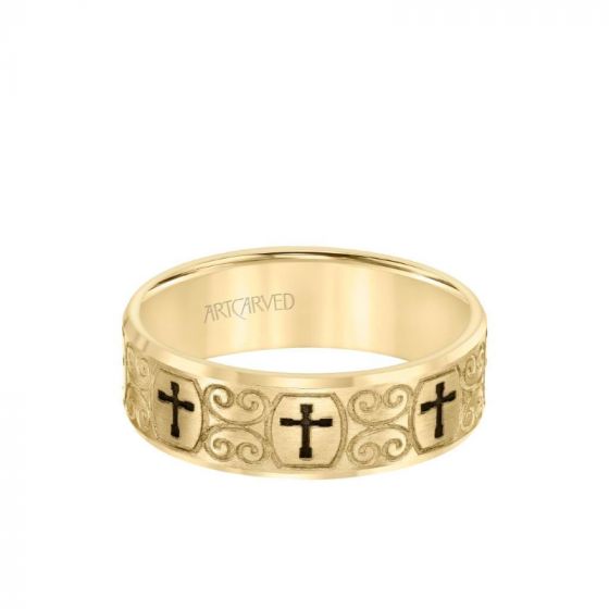 ArtCarved 7MM Men's Wedding Band - Brush Finish with Black Cross and Scroll Design Center and Bevel Edge in 14k Yellow Gold