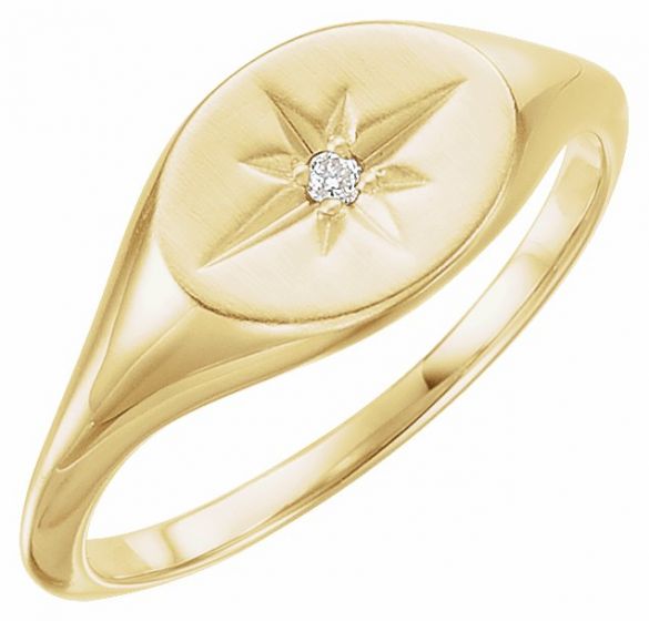14K Yellow .02 CT Diamond 10x8 mm Oval Starburst Signet Ring