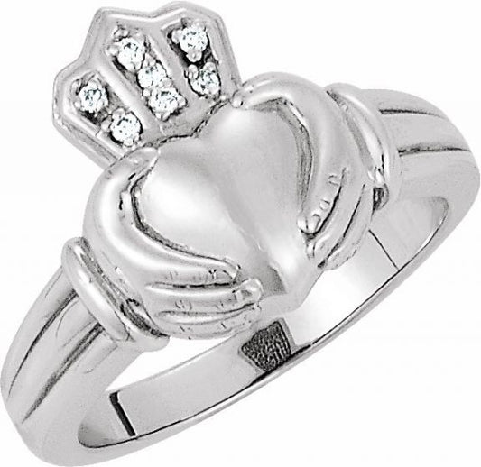 14K White Men's .03 CTW Diamond Claddagh Ring