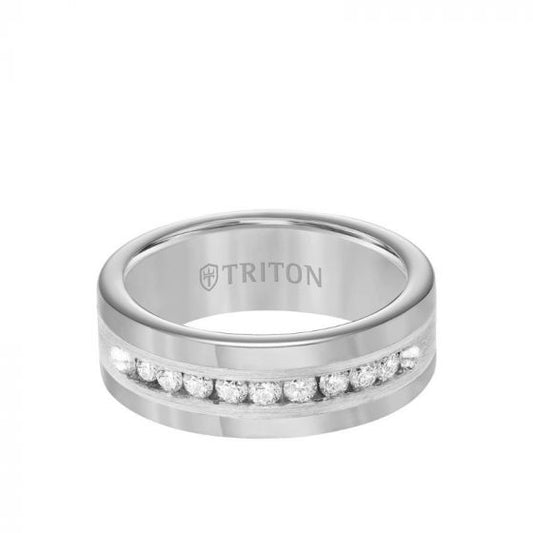 Triton 8MM Tungsten Diamond Ring - Channel Set Silver Satin Finish Inlay and Round Edge