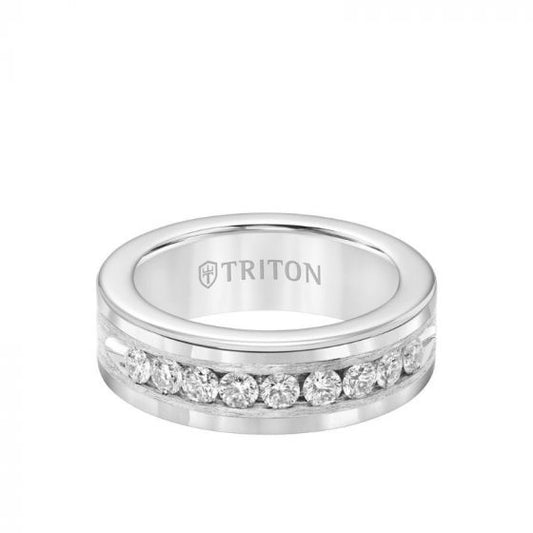 Triton 8MM Tungsten Diamond Ring - Satin Bright Finish and Bevel Edge